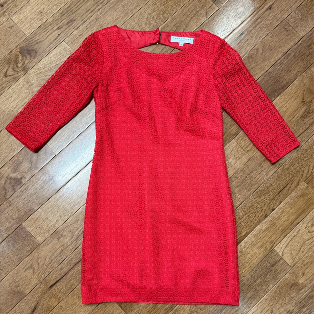 Trina Turk Red Eyelet Lace Overlay Peekaboo Back Cut Out Dress Size 2